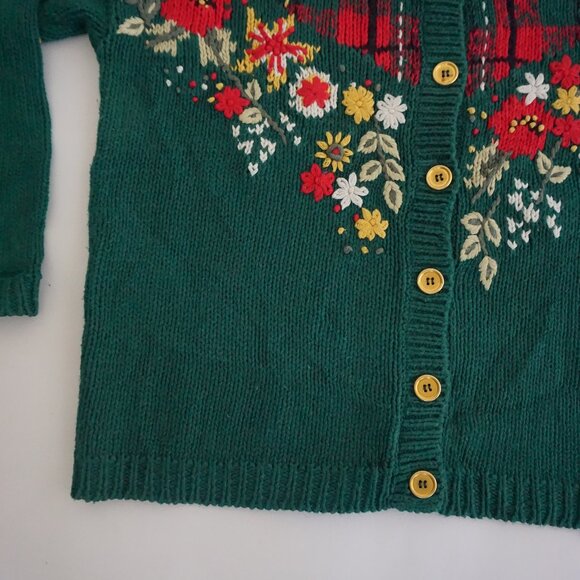 Vintage Pendleton Green Plaid Floral Knit Cotton Preppy Cardigan Grandmacore M - Picture 6 of 10